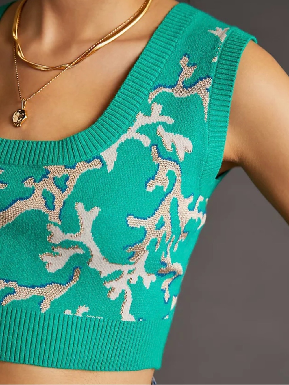 Anthropologie Teal Crop Sweater Tank with Cream & Gold Pattern